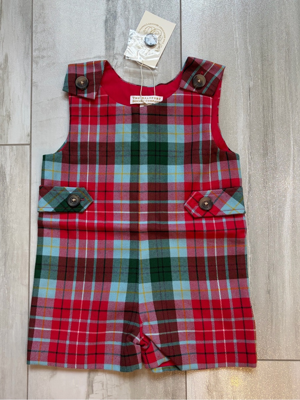 NWT TBBC Jack Keene Festive Tartan Plaid Flannel Tab Jon Jon Romper, boys 6-12M